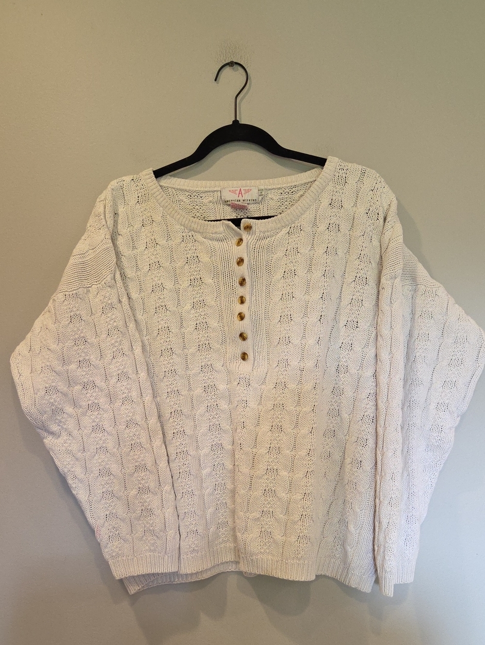 AMERICAN WEEKEND Vintage Cream Cable Knit Henley Sweater
